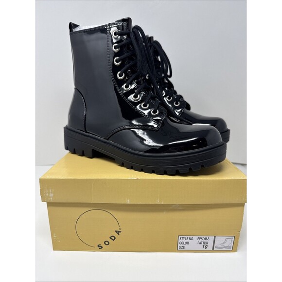 Soda - Epsom Women’s Faux Black Patent Leather Combat Boots Size 10 NEW IN BOX - Picture 1 of 7